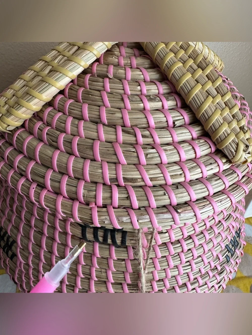 Large wicker coiled strawberry basket with lid